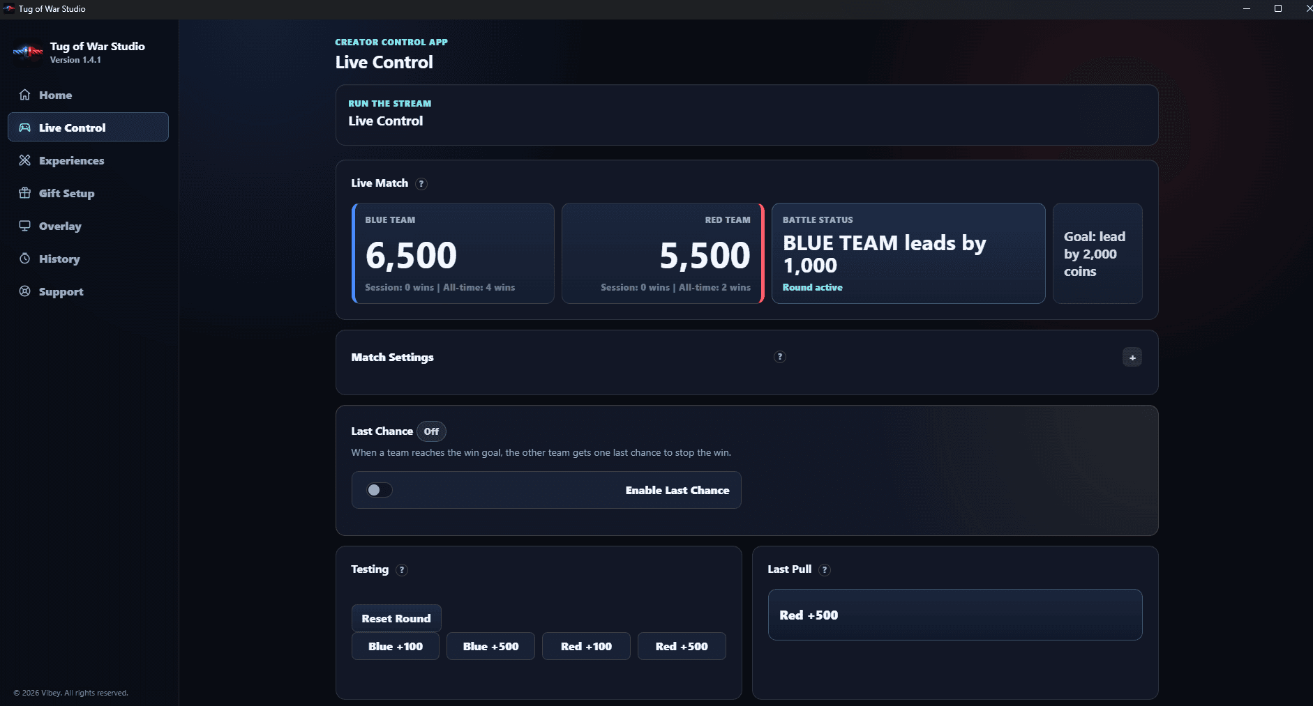 Tug of War Studio's Live Control screen: Blue Team and Red Team's live match totals, match settings, and testing controls.