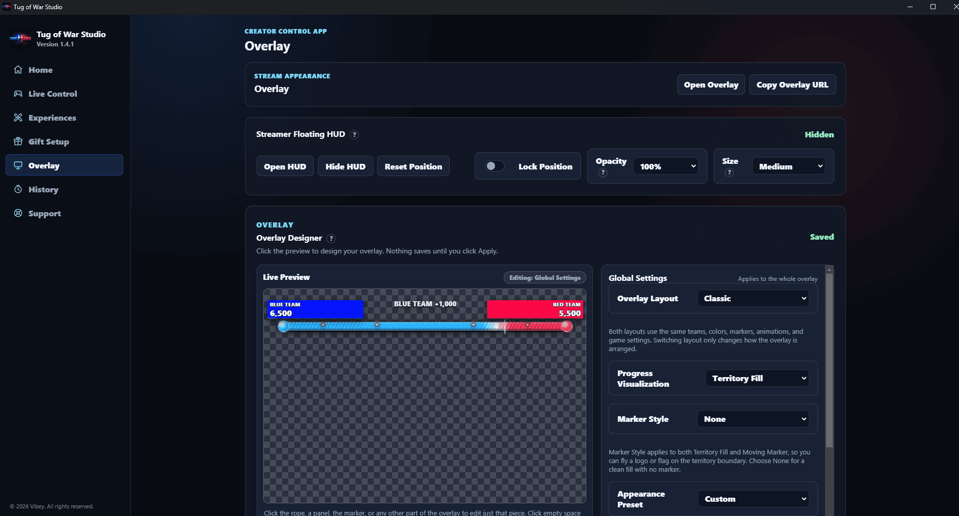 Tug of War Studio's Overlay page showing the Overlay Designer with a live preview of the Blue Team vs Red Team progress bar